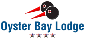 Logo for Oyster Bay Lodge featuring two black and white seabirds with orange beaks and the lodge name underneath.