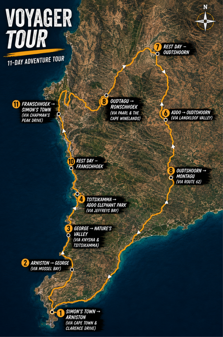 Map of a Voyager Tour 11-day adventure, showing route from Simon's Town to Franschhoek, with stops including Ariston, George, Tsitsikam, Addo Elephant Park, Oudtshoorn, Addo, Oudtshoorn, and a rest day at Oudtshoorn. The route covers coastal and inland areas in South Africa.