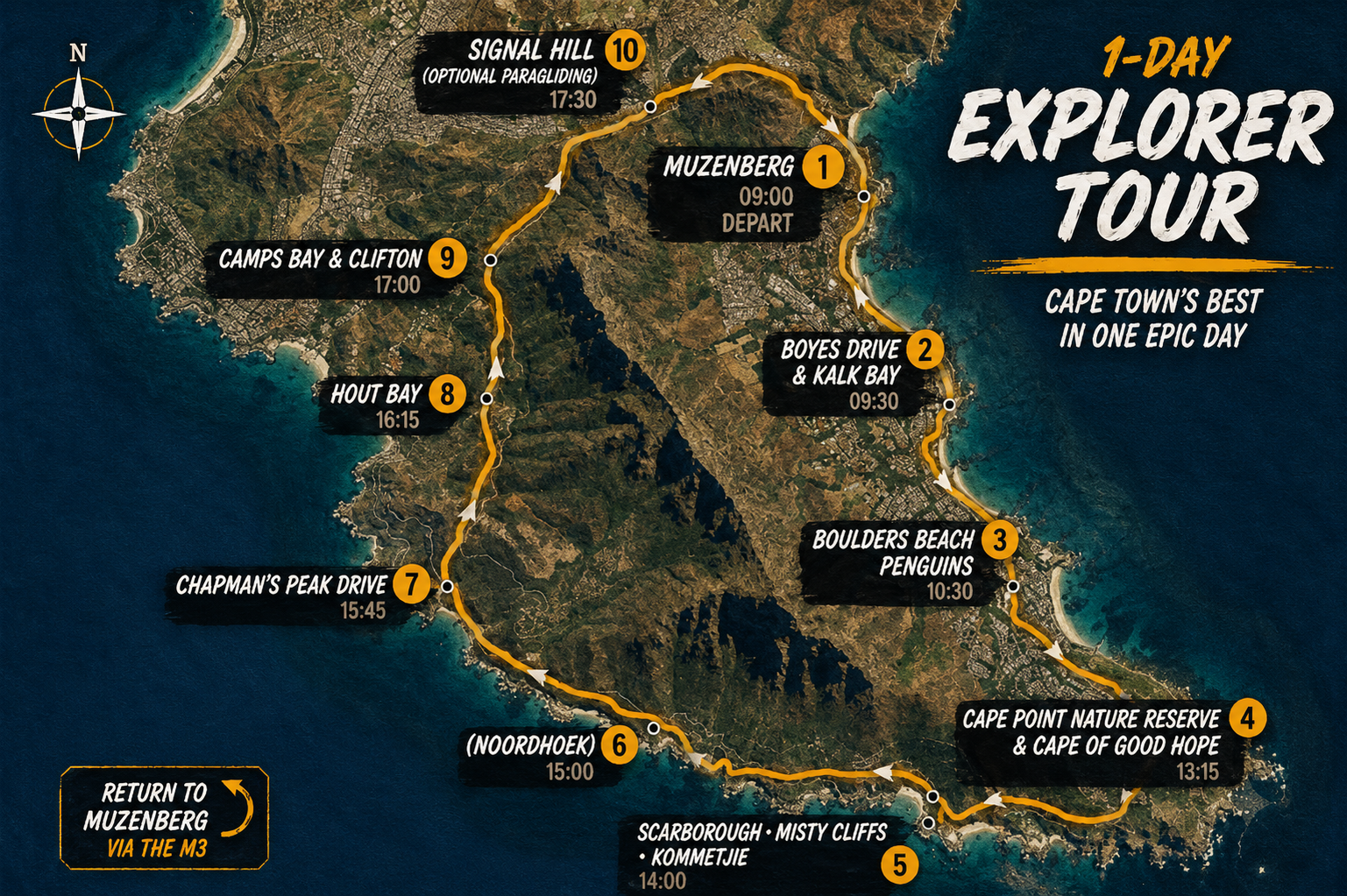 Map of a one-day explorer tour in Cape Town showing the route with various stops and times, including Muzenberg, Boyes Drive & Kalk Bay, Boulders Beach Penguins, Cape Point Nature Reserve, Scarborough, Noordhoek, Chapman’s Peak Drive, Hout Bay, Camps Bay & Clifton, and Signal Hill, with a note about returning via the M3.