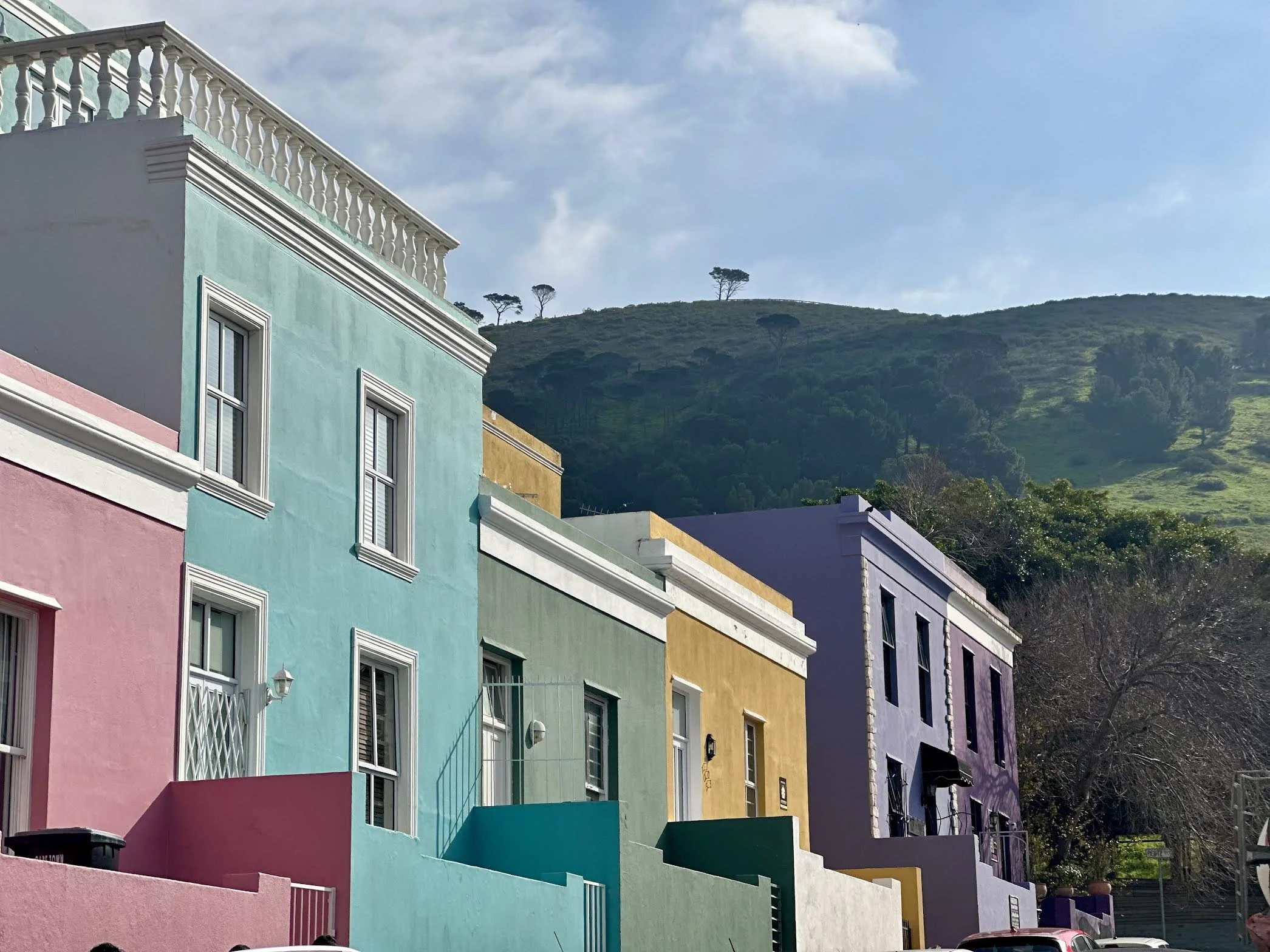Colorful row of houses painted in pink, blue, yellow, green, purple, and white with European-style windows and balconies, with a lush green hill and trees in the background under a partly cloudy sky.
