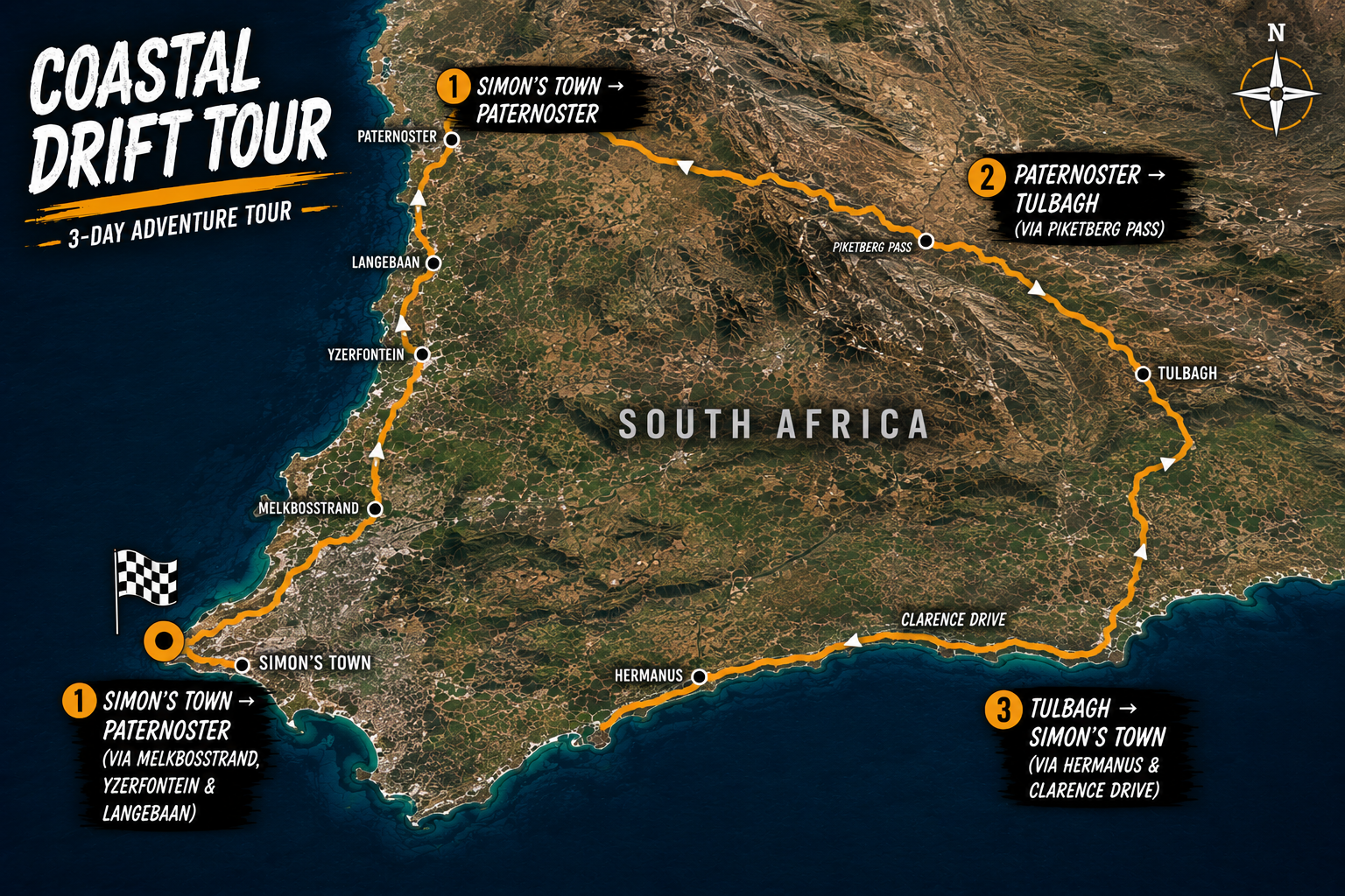 Map of South Africa showing a 3-day coastal drift tour route marked in orange with white arrows. Key locations include Simon's Town at the start and finish, with stops at Melkbosstrand, Yzerfontein, Langebaan, Paternoster, Piketberg Pass, Tulbagh, Hermanus, and Clarence Drive. The route also passes through Paternoster, Tulbagh, and Simon's Town, with labels indicating the route options via different passes. A compass rose is in the top right corner.