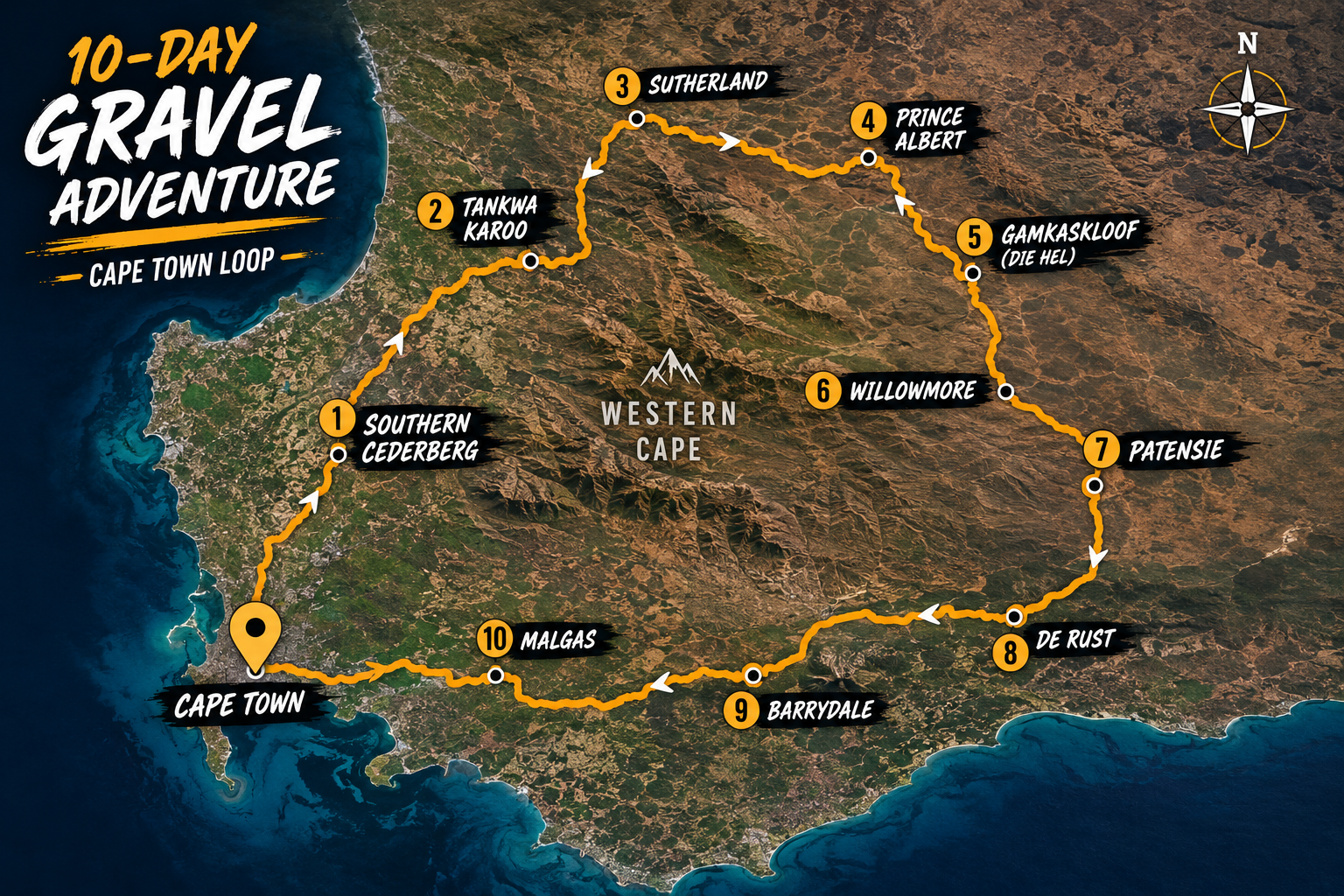 Map of a 10-day gravel adventure route around Western Cape, South Africa, with numbered stops including Cape Town, Southern Cederberg, Tankwa Karoo, Sutherland, Prince Albert, Gamkaskloof, Willowmore, Patensie, De Rust, Malgas, and Barrydale, marked with an orange route line and black labels.