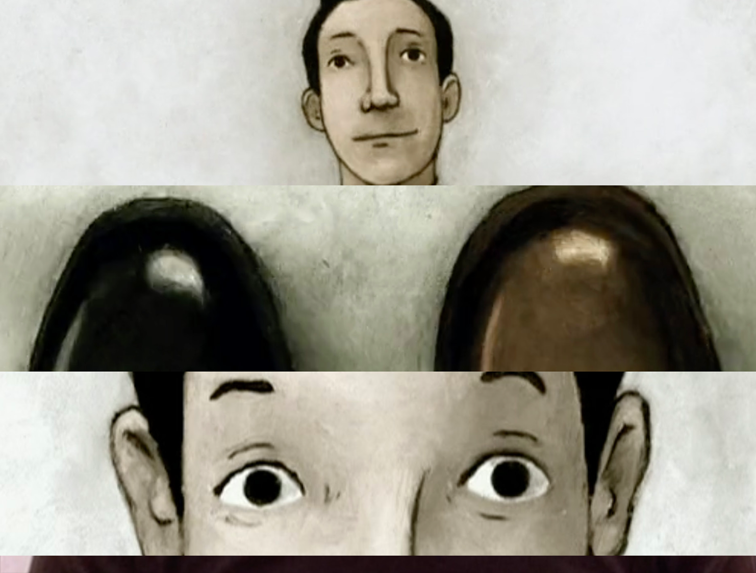 Close-up of a vintage educational illustration showing a man's face, two shoe insoles, and a child's face with large ears and eyes.