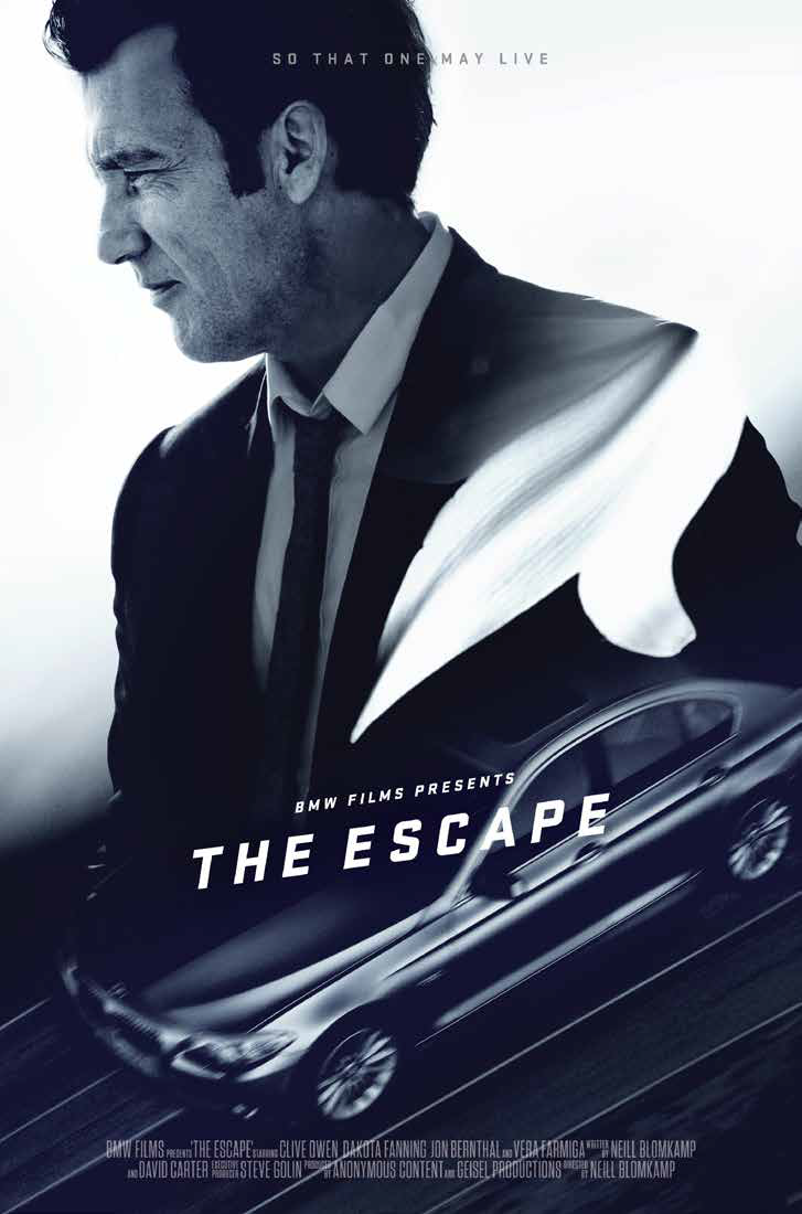 The poster for the movie 'The Escape' features a profile of a smiling man in a suit, with a car below him and a book open in the background.