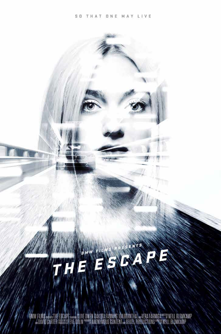 A promotional poster for the movie 'The Escape' featuring a woman's face blending with a motion-blurred cityscape, including a highway and cars, with the tagline 'So that one may live' at the top.