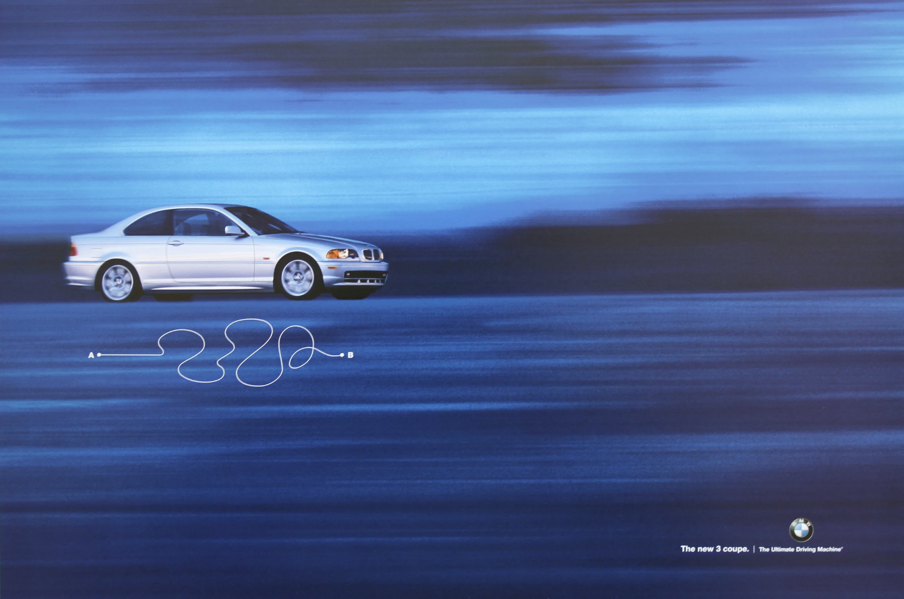 A silver BMW coupe driving on a blurred blue road background with a simple line drawing of route A to B below the car. BMW logo at the bottom right with the text 'The new 3 coupe. The Ultimate Driving Machine.'