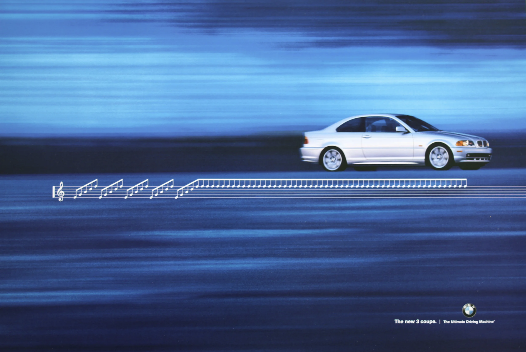 Silver BMW coupe driving on a road with a blue motion blur background and musical notes and staff lines overlaid, promoting the BMW 3 series coupe.