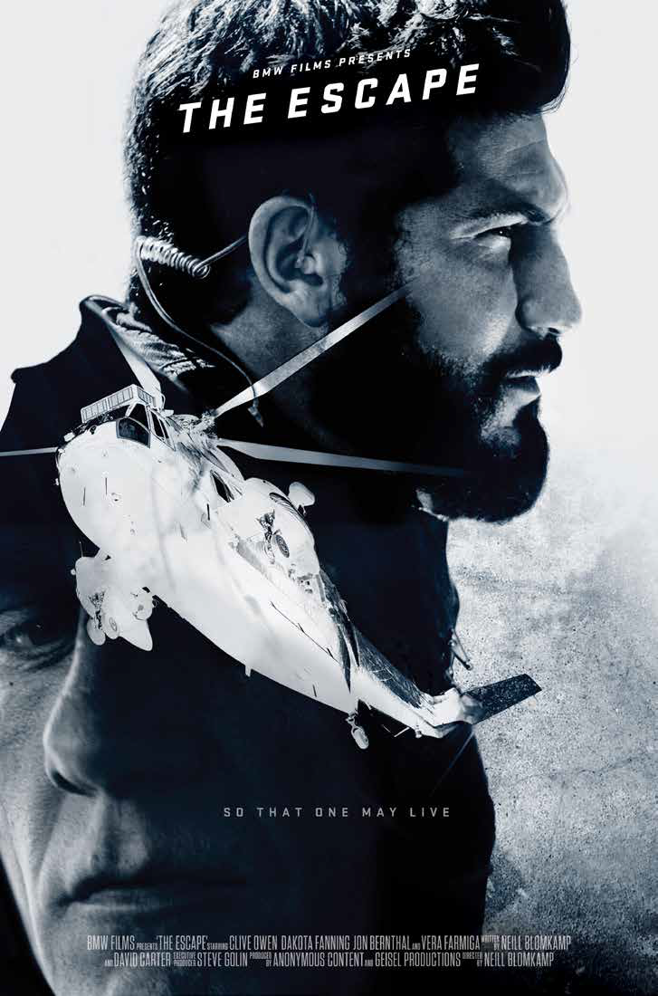 Double exposure poster featuring a man's profile and a helicopter, with the title 'The Escape' and tagline 'So that one may live'.