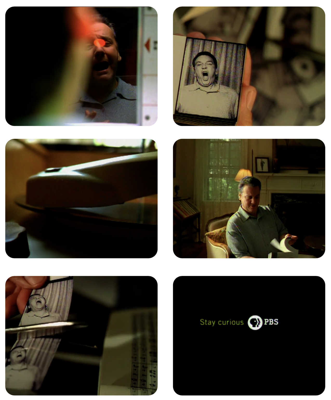A collage of scenes from a documentary, showing a man looking into a mirror, a hand holding a photograph of a woman yelling, a close-up of a photocopier, a man reading papers in a living room, a strip of printed photographs, and the PBS logo with the words "Stay curious."