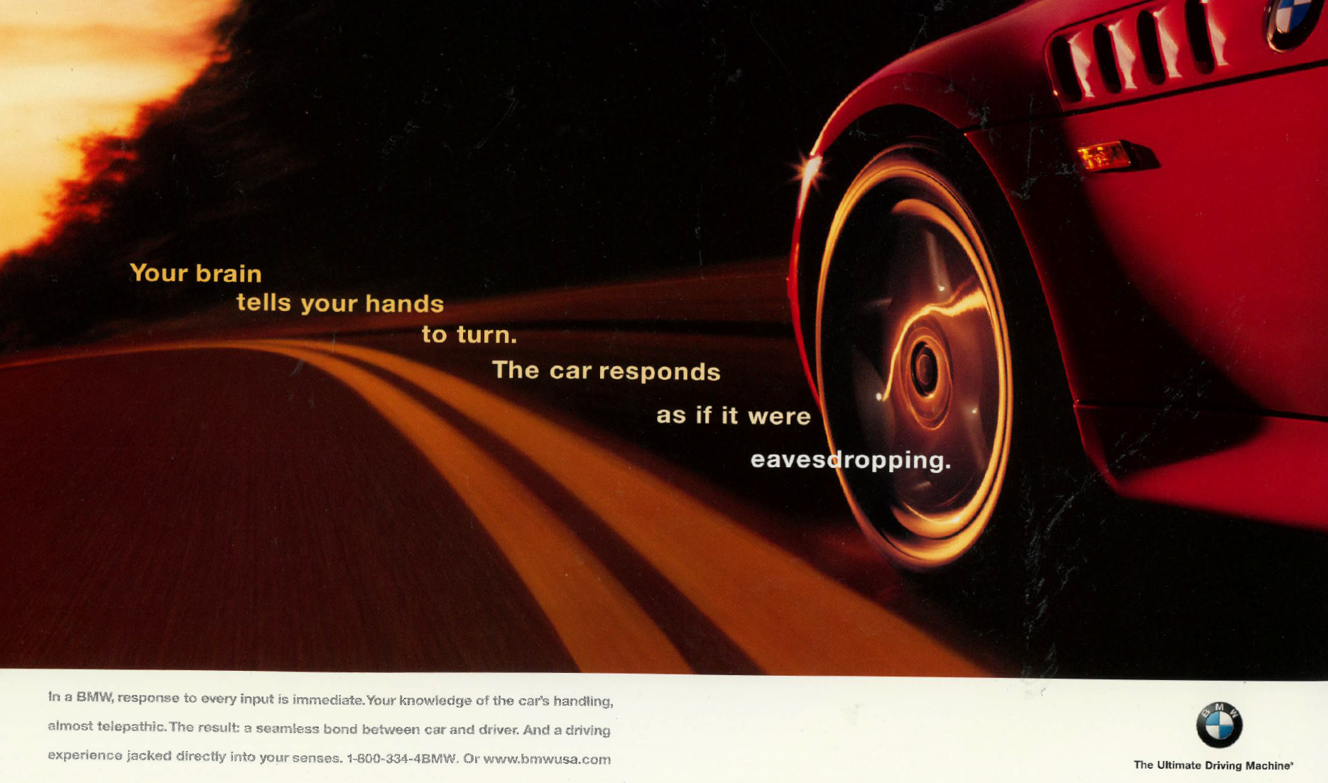 Red sports car driving at night with light trails and a sunset in the background; overlayed text says, 'Your brain tells your hands to turn. The car responds as if it were eavesdropping.'