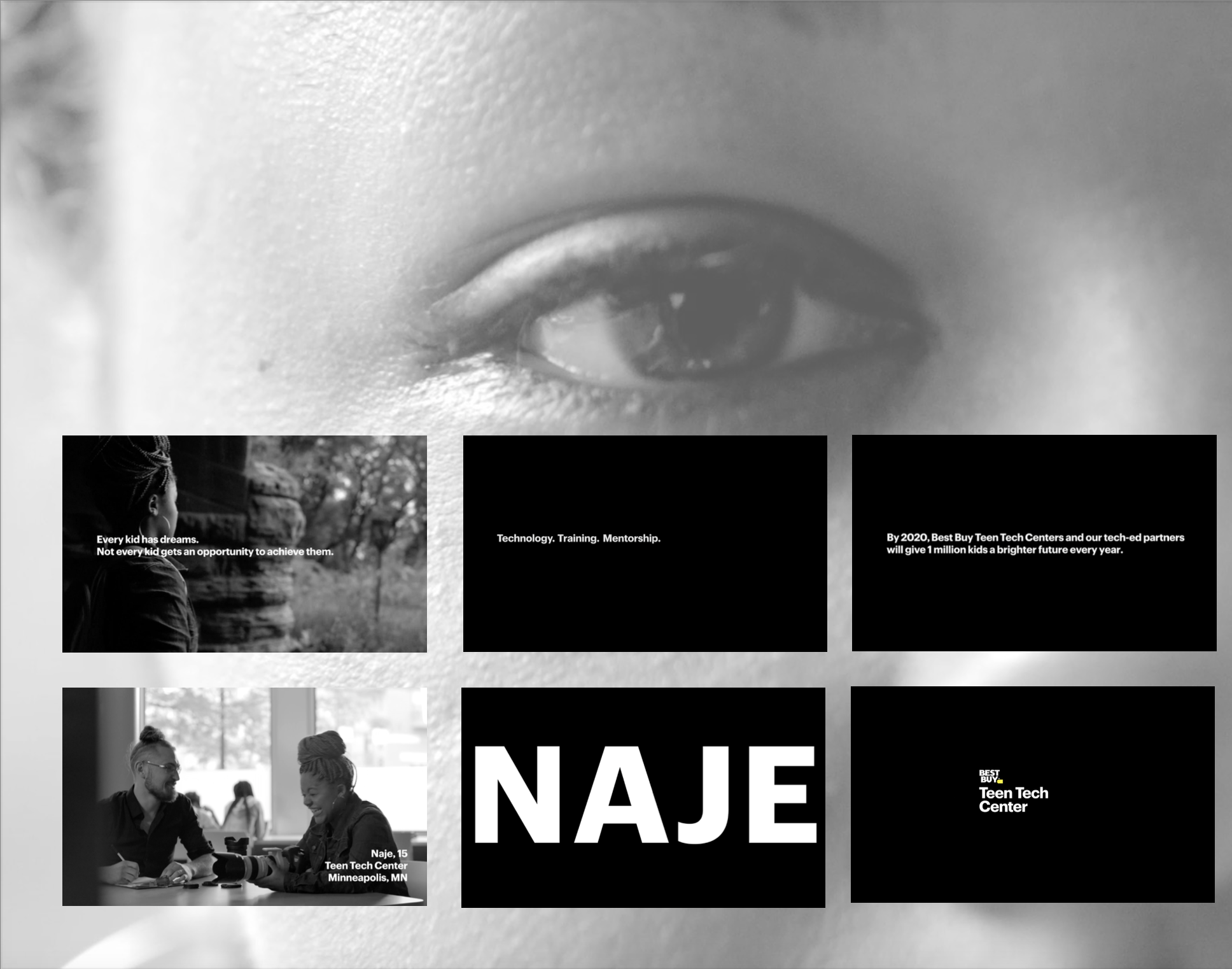 Black and white collage featuring a close-up of an eye at the top, a photo of a girl with braids, and an outdoor scene with two young women, along with text emphasizing opportunities for kids in technology, training, mentorship, and a goal to give 1 million kids a brighter future through tech education by 2020.
