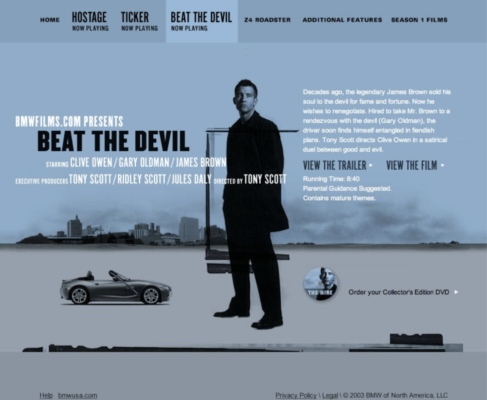 Promotional webpage for the film 'Beat the Devil' featuring a man in a black coat standing in front of a cityscape, with a vintage racing car and a small image of a man's face labeled 'The Hire'. The text includes film details, cast, production credits, and options to view trailer or film.