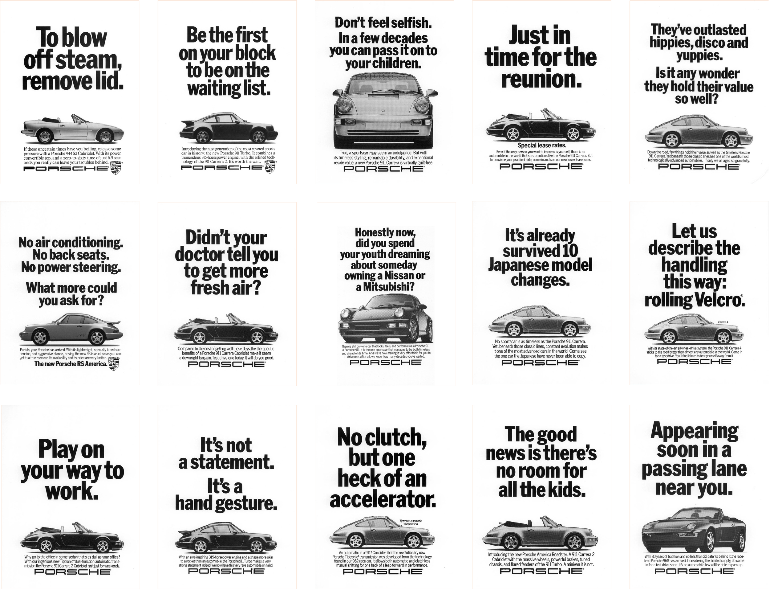 A collection of vintage Porsche car advertisements featuring various Porsche models with text promoting the cars' features and benefits.