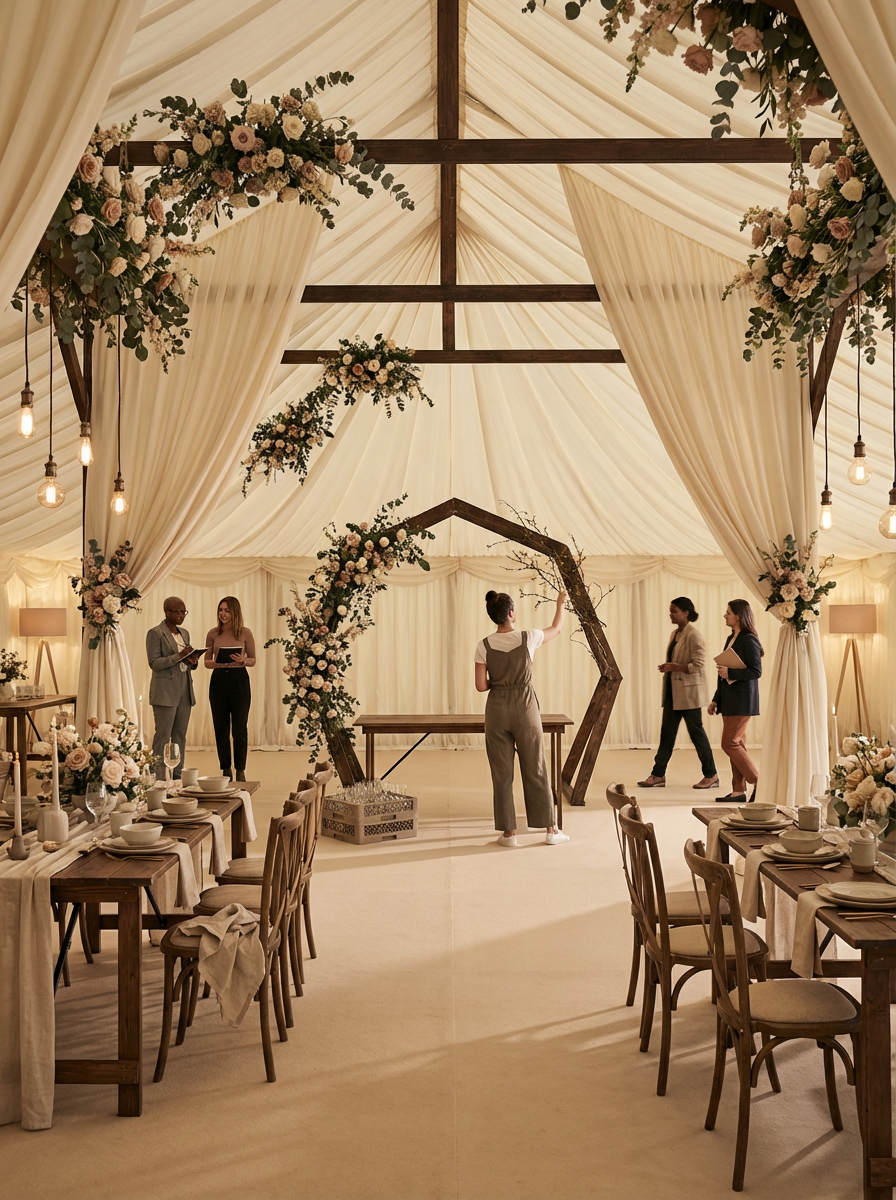 A decorated wedding tent with floral arrangements, wooden tables, and chairs set for a celebration; people are preparing or rehearsing inside.