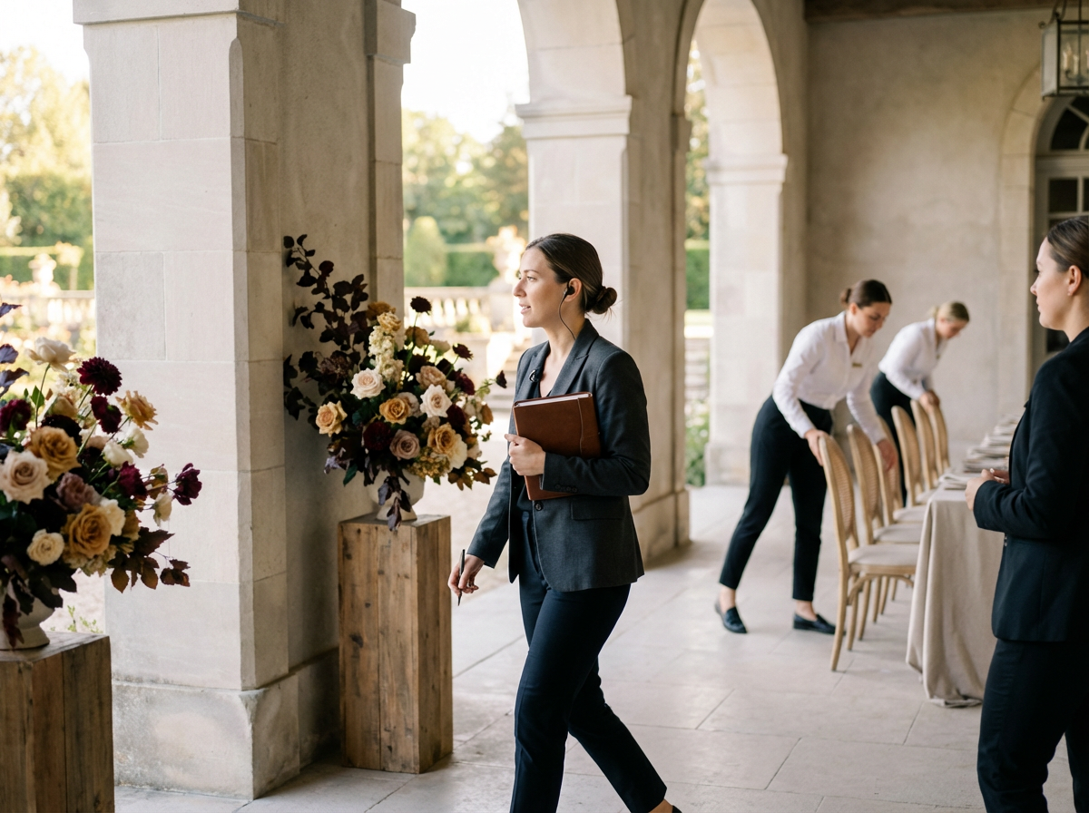Women in formal attire preparing for a wedding or event in a venue with stone columns and floral arrangements.