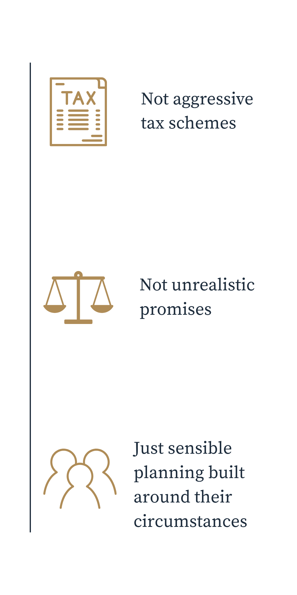 Infographic promoting reasonable policies: not aggressive tax schemes, not unrealistic promises, just sensible planning built around their circumstances.