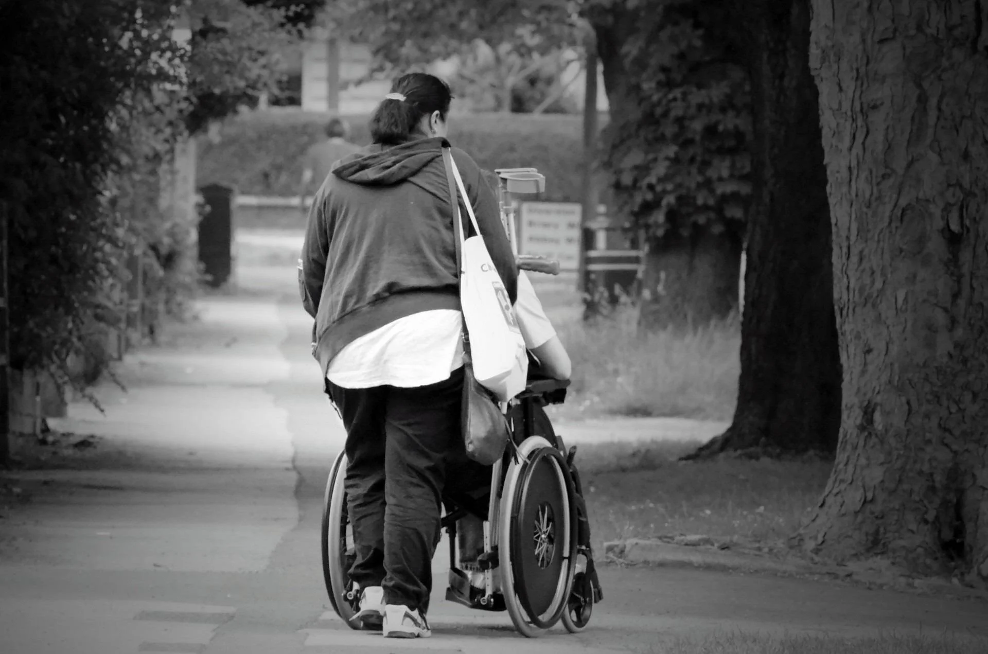 A person in a wheelchair walking down a park pathway with another person pushing the wheelchair. The scene is in black and white and is surrounded by large trees.