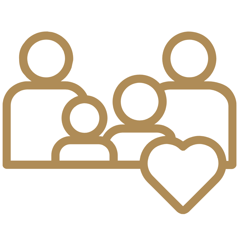 Line drawing of a family with three members and a heart symbol.