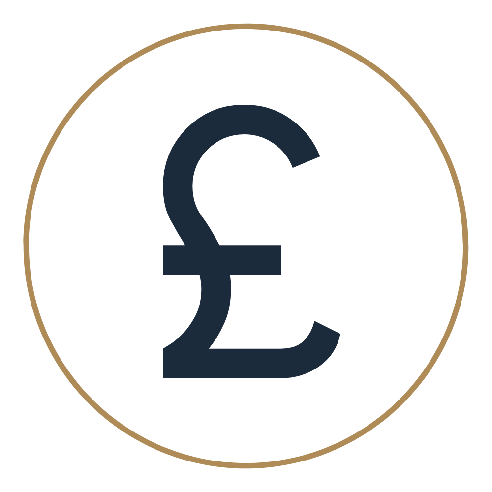 A coin icon with a British pound (£) symbol in the center, featuring a white background, dark blue symbol, and a gold border.