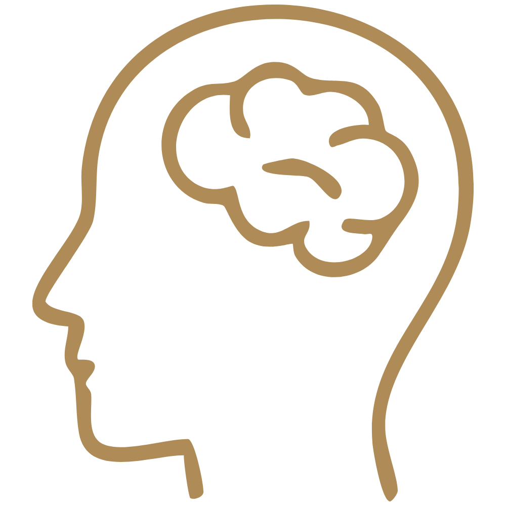 Outline drawing of a human head in profile with a brain depicted inside.