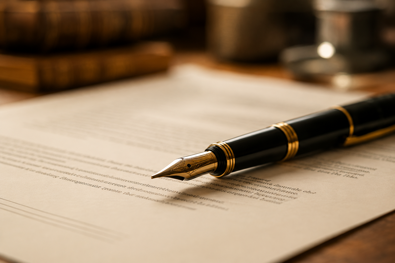 A close-up of a black and gold fountain pen resting on a document with printed text, with books in the background.