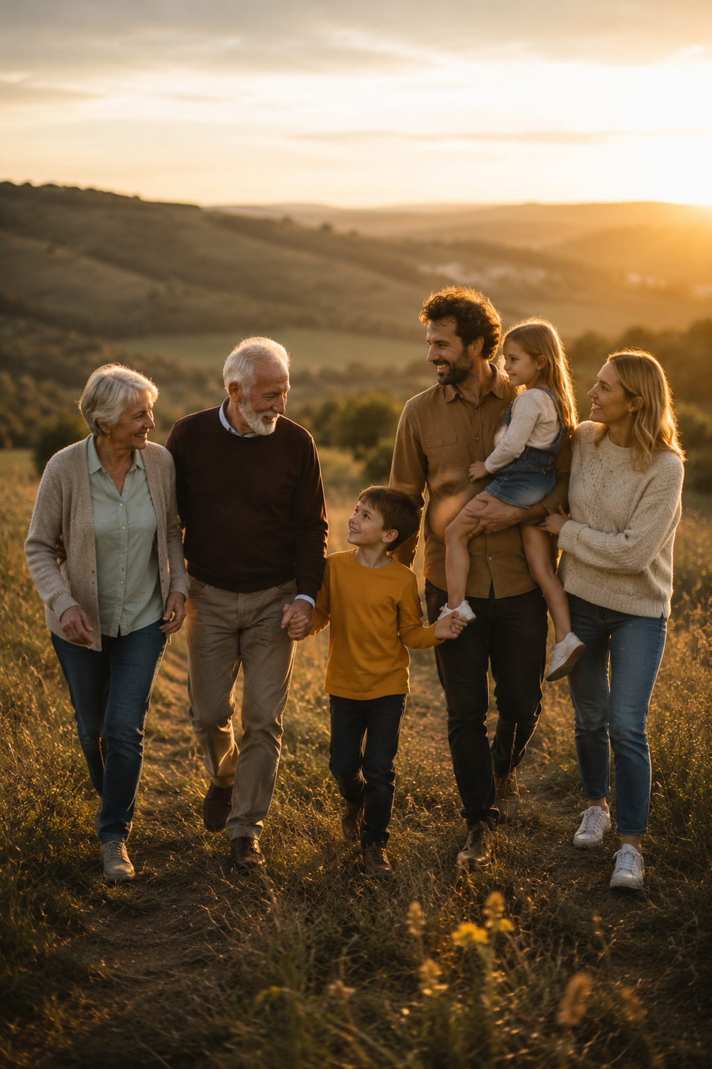 A multigenerational family walking together in a field during sunset, smiling and holding hands.