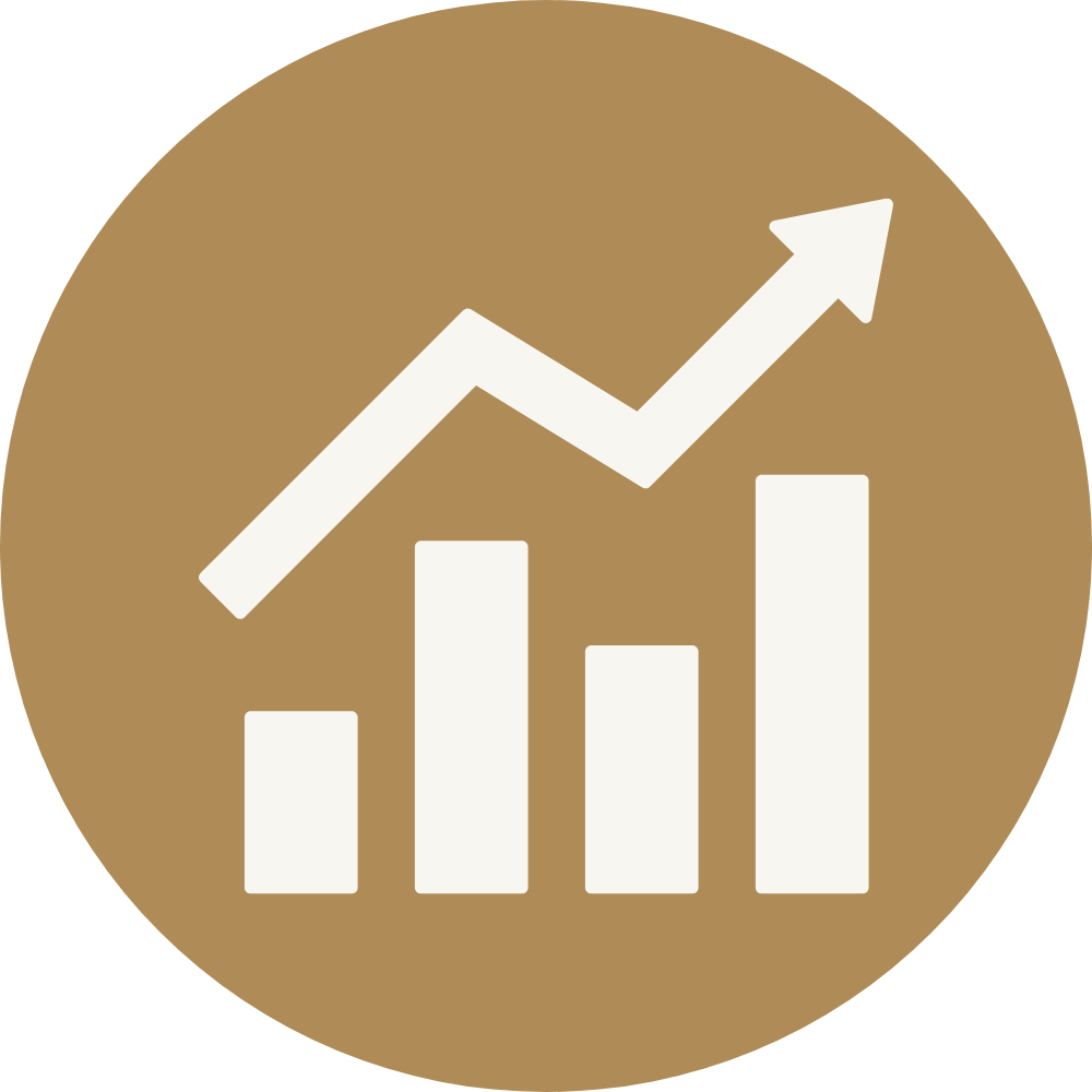 Graphic of a bar chart with an upward trending arrow over a brown circular background.