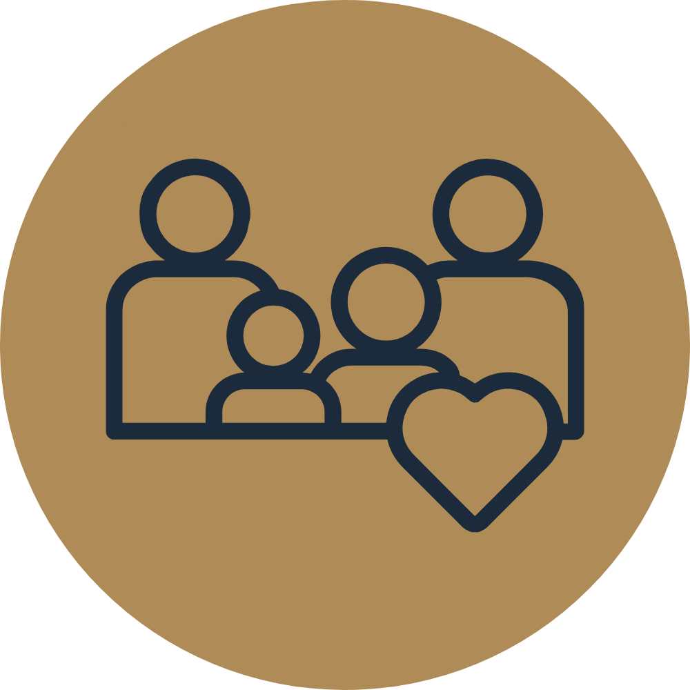 Outline of a family with a heart symbol in front, on a brown circular background.