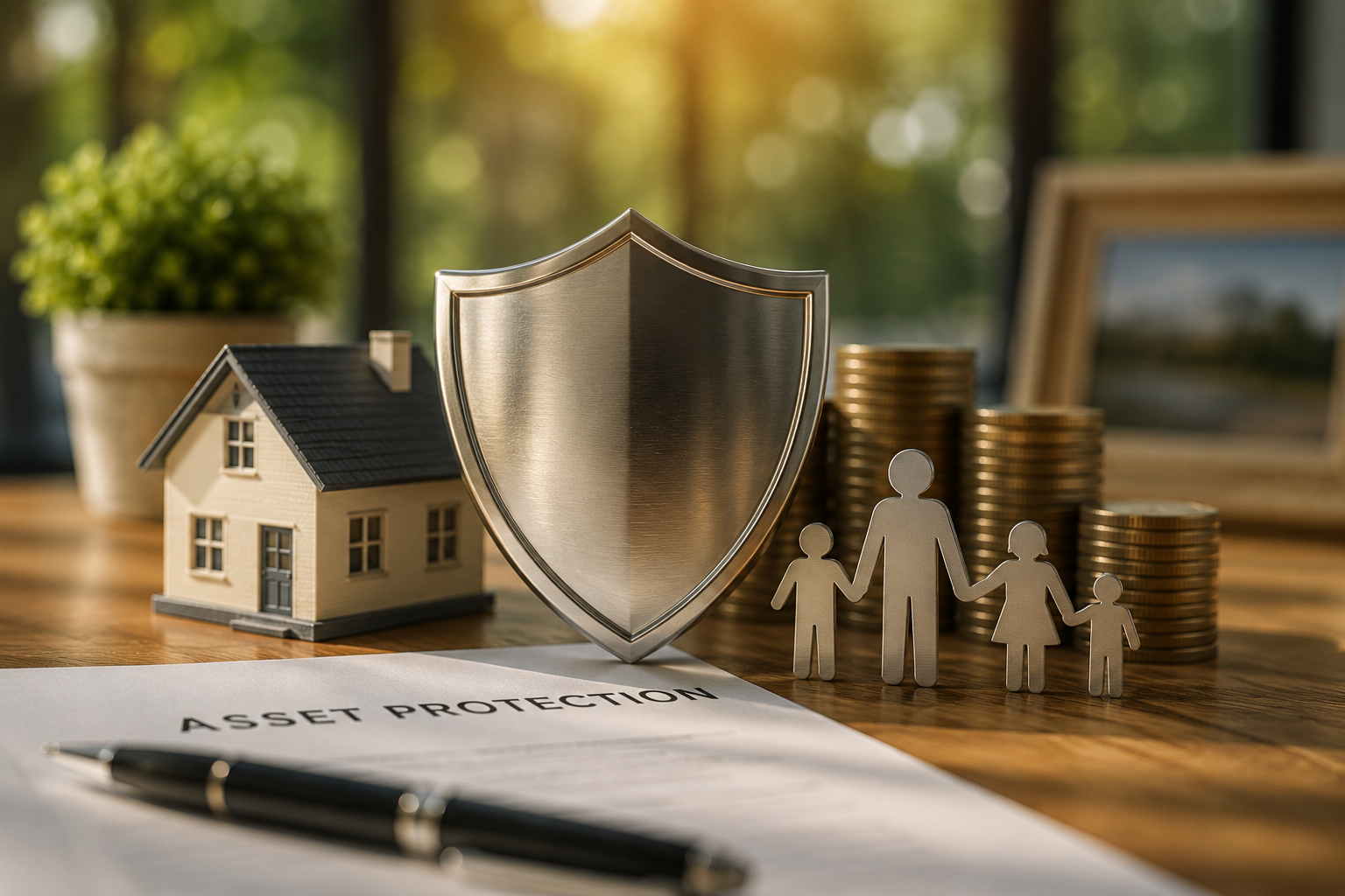 A model house, a shield, paper with 'Asset Protection' text, a pen, coins, and family figures on a wooden desk indoors, with a blurred window and framed photo in the background.