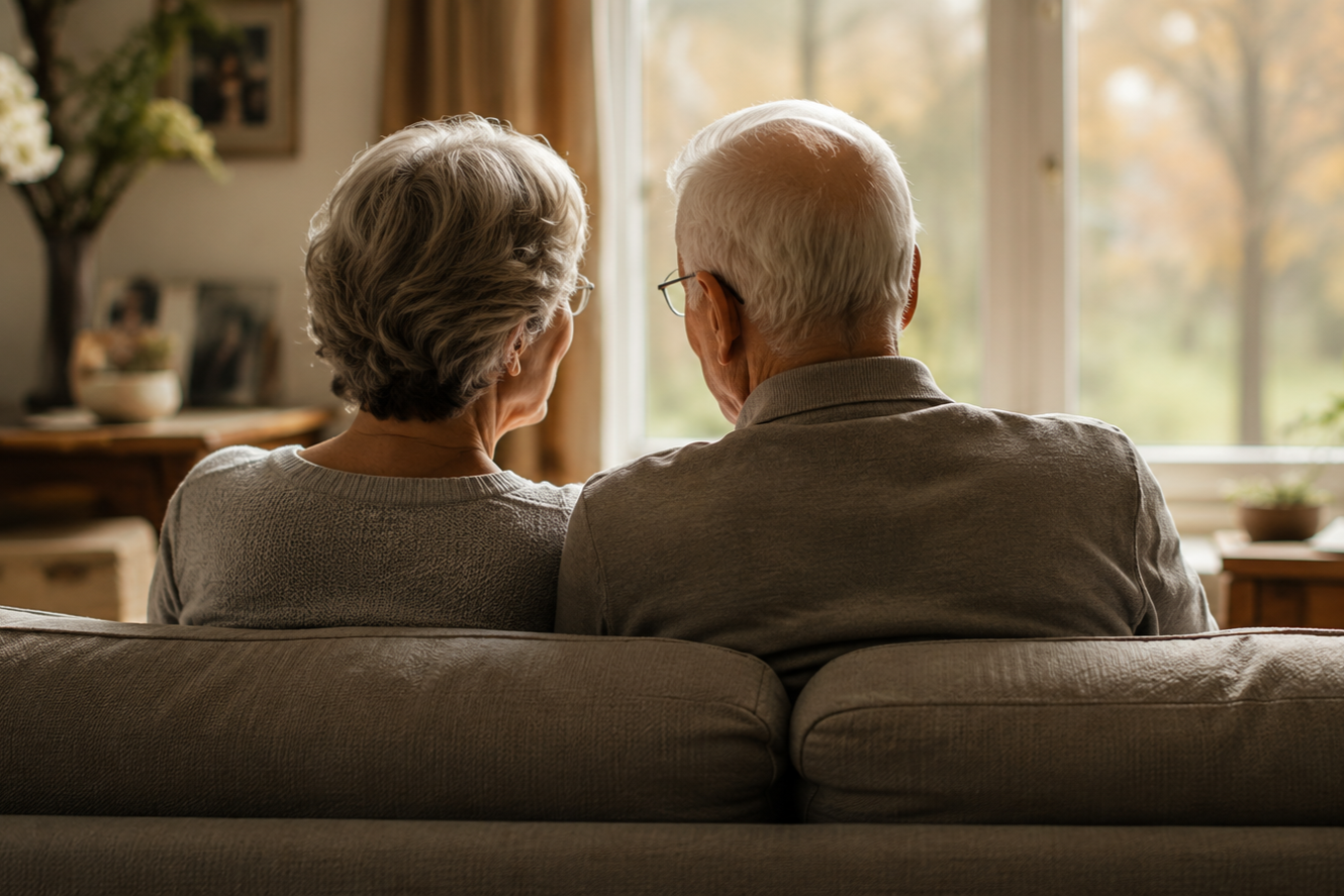 Older woman and man sitting on a beige couch, viewing a window with trees outside during daytime.