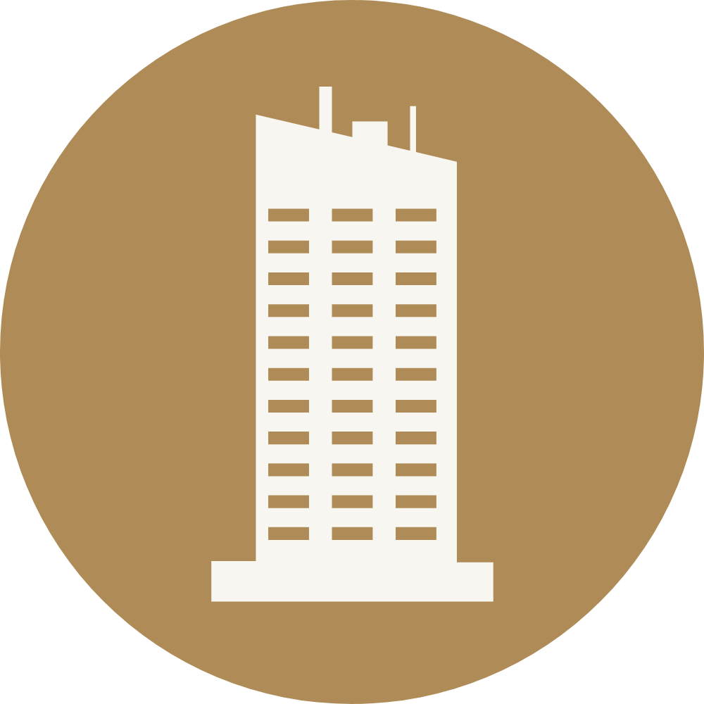 Icon of a tall office building with multiple windows on a brown circular background.