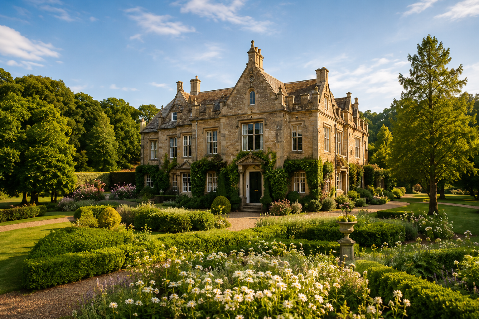 A large historic stone mansion with multiple windows and a central door, surrounded by a well-maintained garden with flowers, shrubs, and trees under a partly cloudy blue sky.