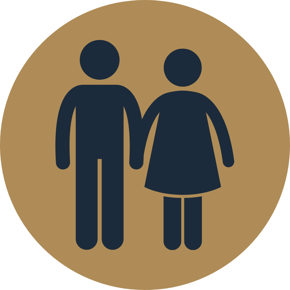 Icon of two people holding hands, one male and one female, on a brown circular background.