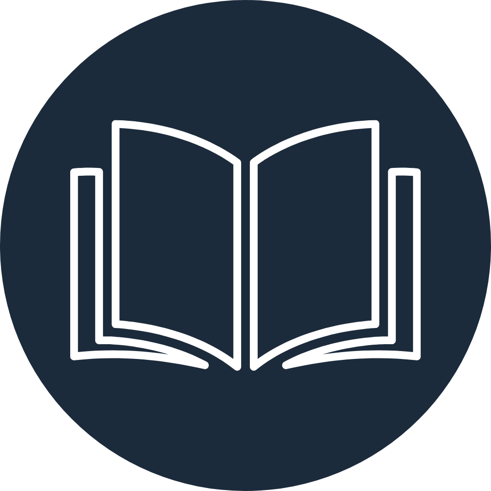 Icon of an open book with two vertical bars on each side, set against a dark circular background.