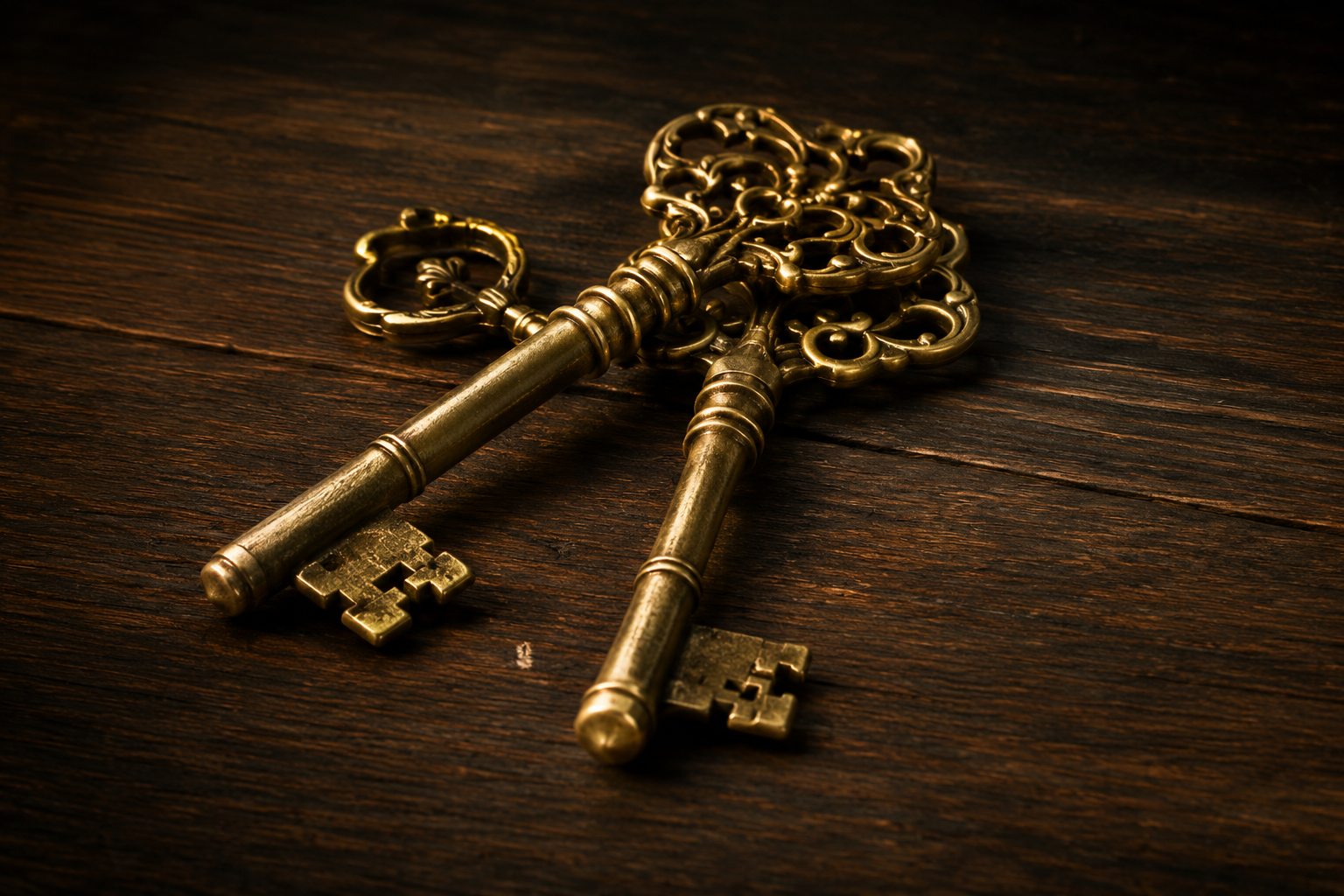 Two vintage brass keys on a dark wooden surface.