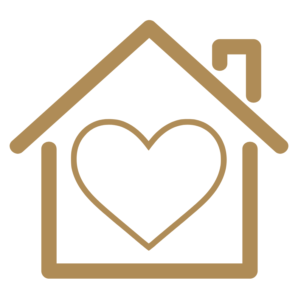 Outline of a house with a heart inside, all in brown color.