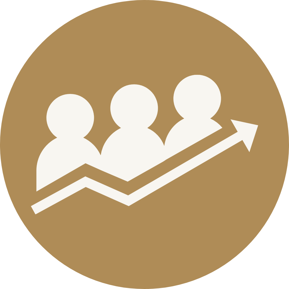 Icon of three people with an upward trending arrow, representing growth or progress