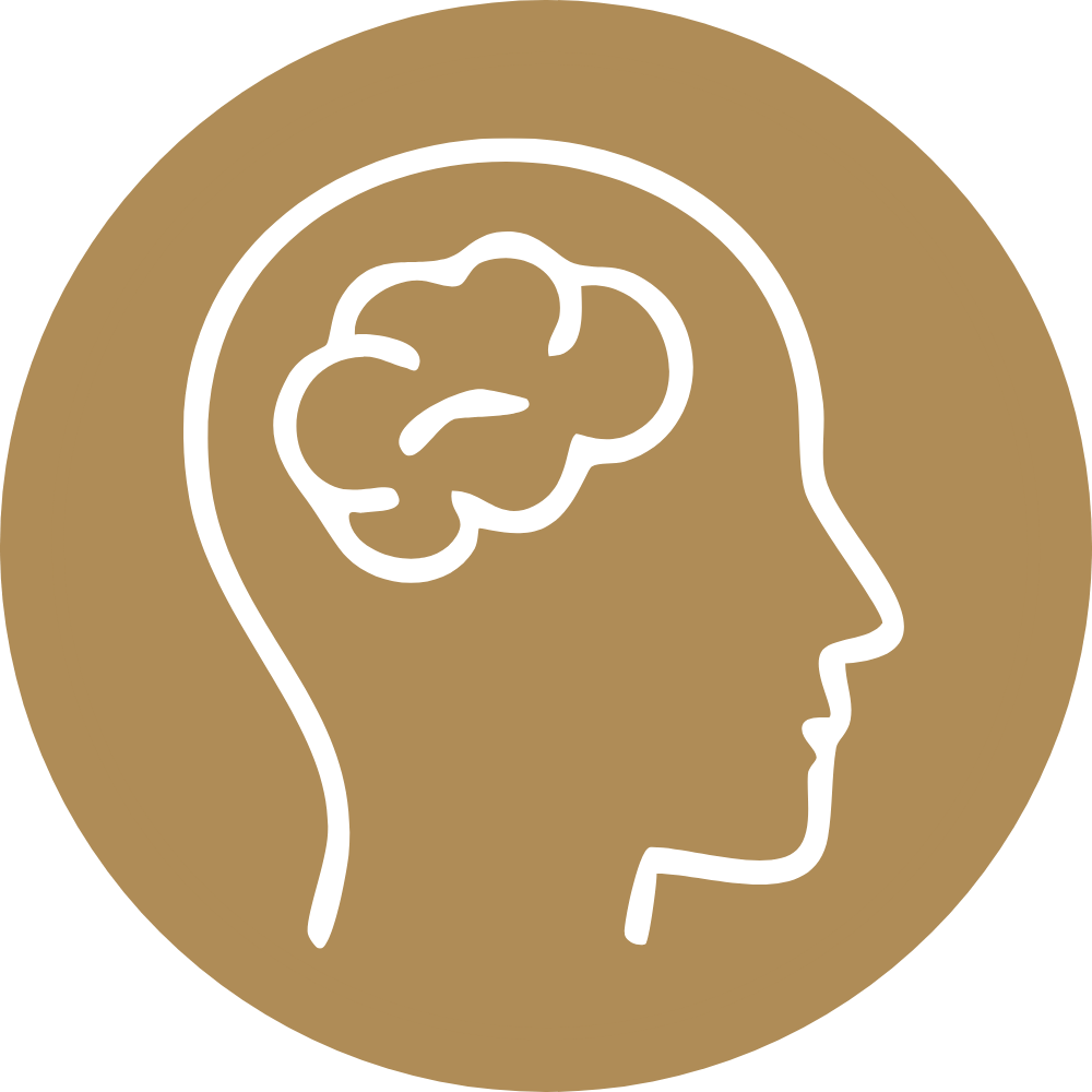 Profile of a human head with a brain outline inside, on a brown circular background.