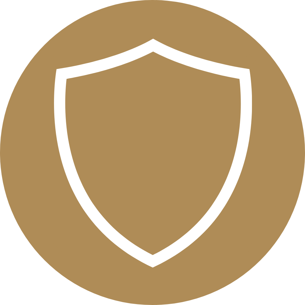 Icon of a shield with a white outline on a gold circular background, symbolizing protection or security.