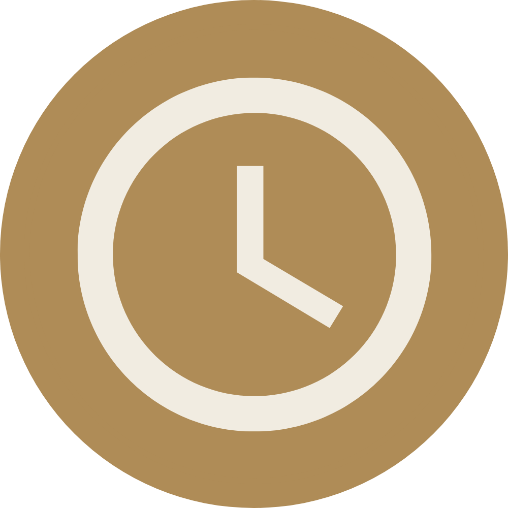 A round clock with a brown background and a white clock face showing the time as 3:00.