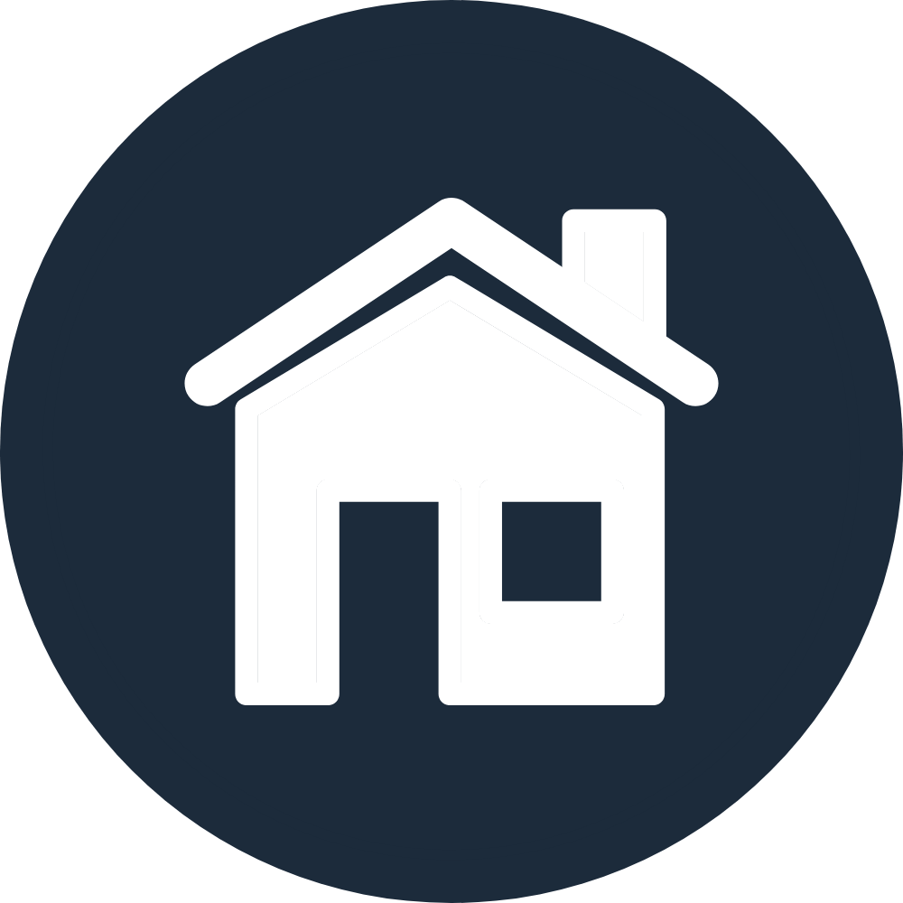 Icon of a white house with a chimney on a dark blue circular background.