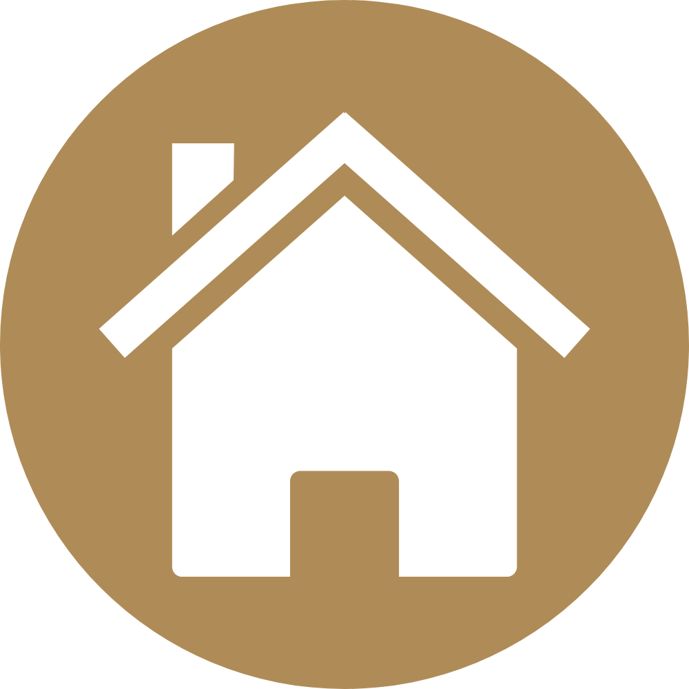 Icon of a white house with a chimney on a brown circular background.
