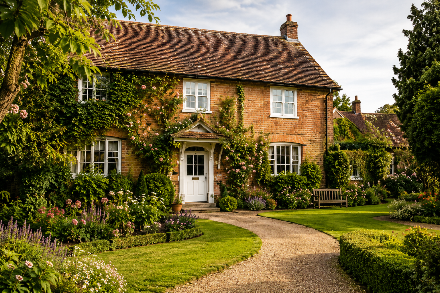 A charming brick house with white-framed windows, surrounded by a lush garden with flowering plants and a curved gravel pathway leading to the front door.