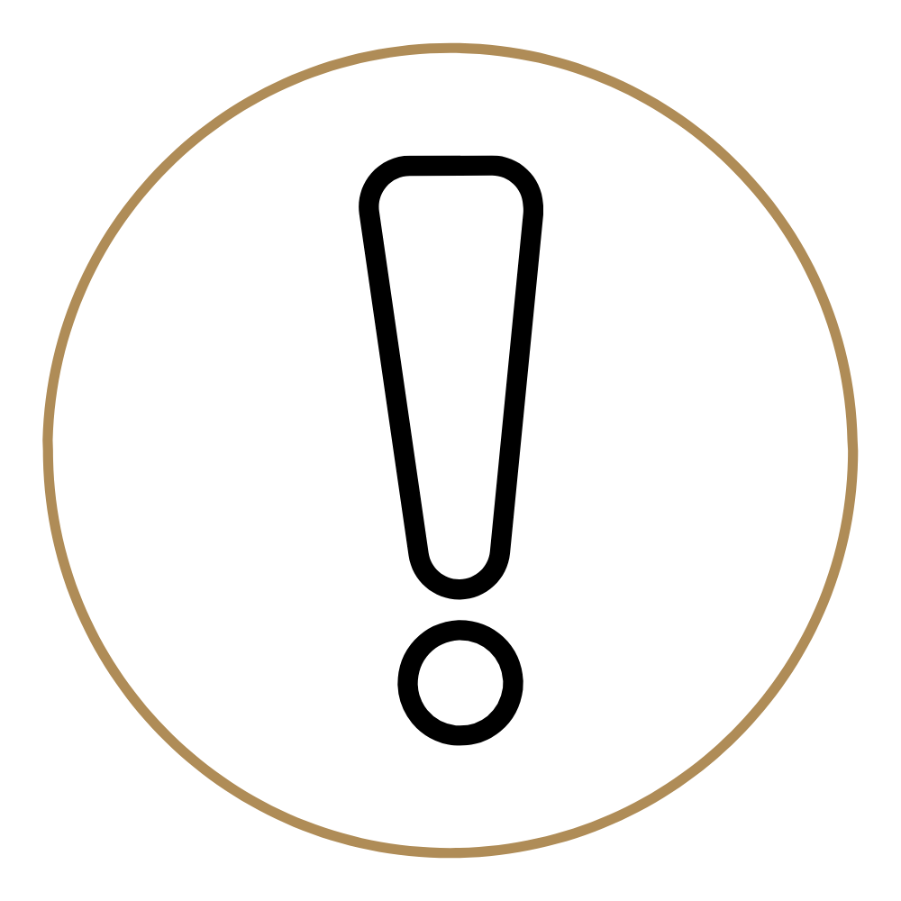 A warning sign with a black exclamation mark in the center, enclosed in a white circle with a gold border.
