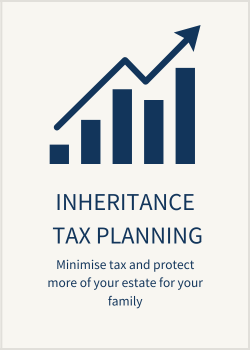Graph with upward trending arrow and bar chart representing growth, titled 'Inheritance Tax Planning', with subtitle 'Minimize tax and protect more of your estate for your family'.