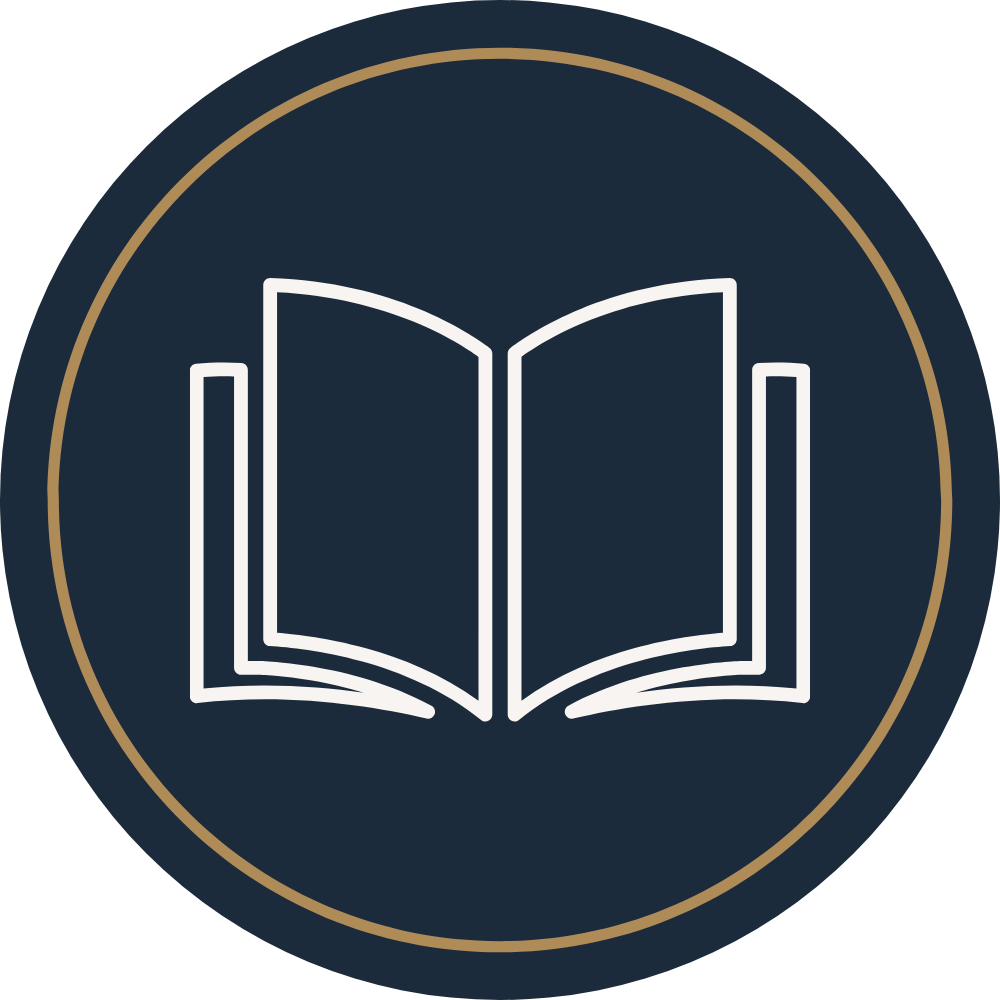 Icon of an open book on a dark background with gold borders.