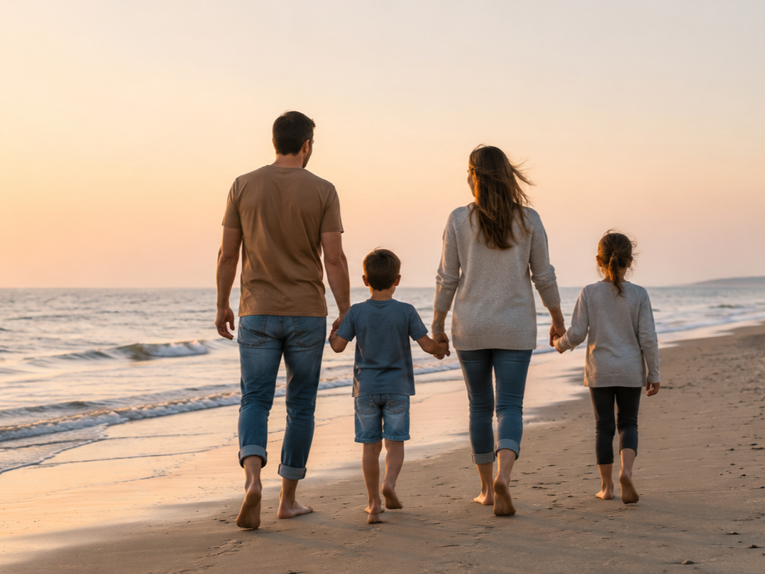 Family walking hand in hand on the beach during sunset.