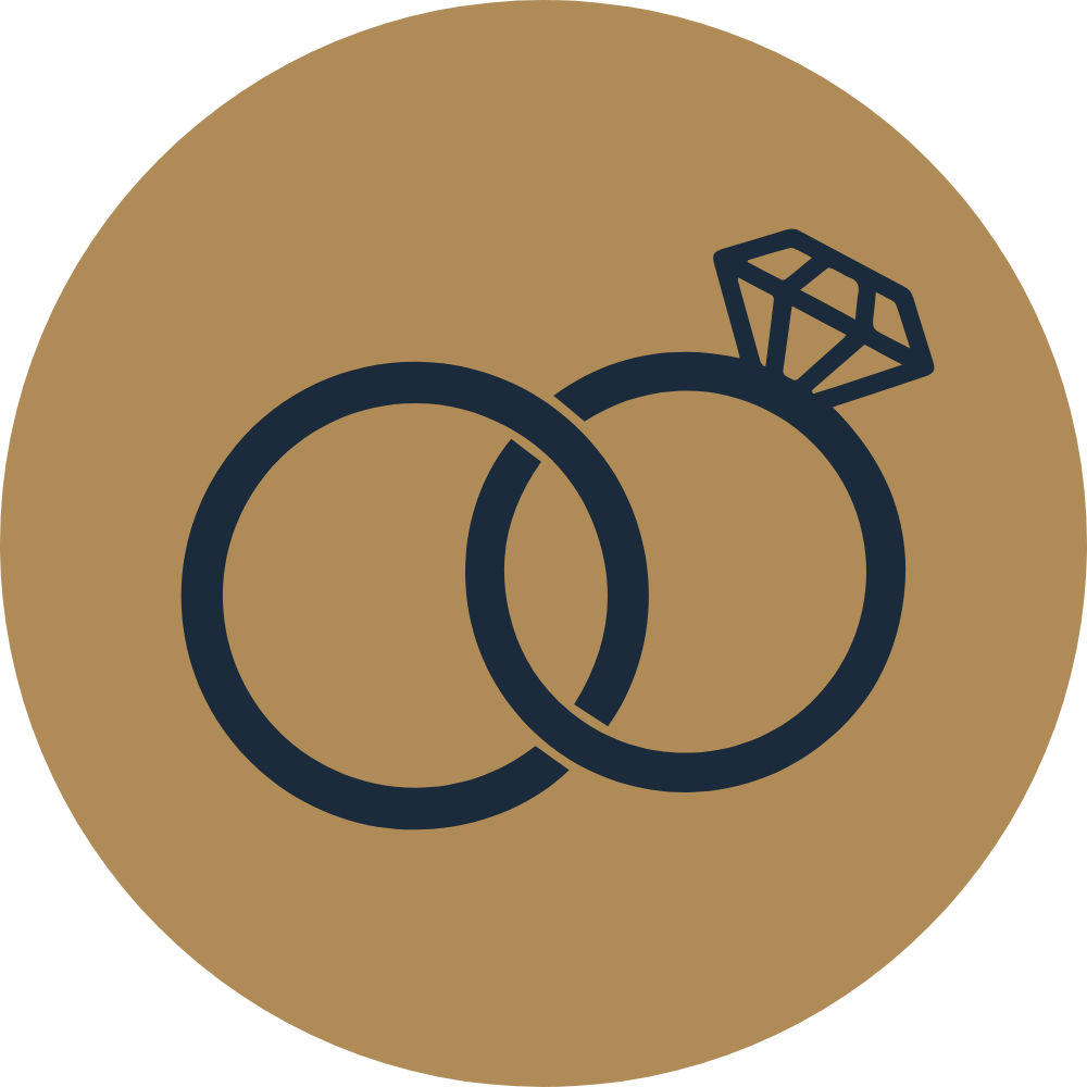 Icon of a diamond ring with a large diamond on a gold circular background, overlapping with a plain wedding band.