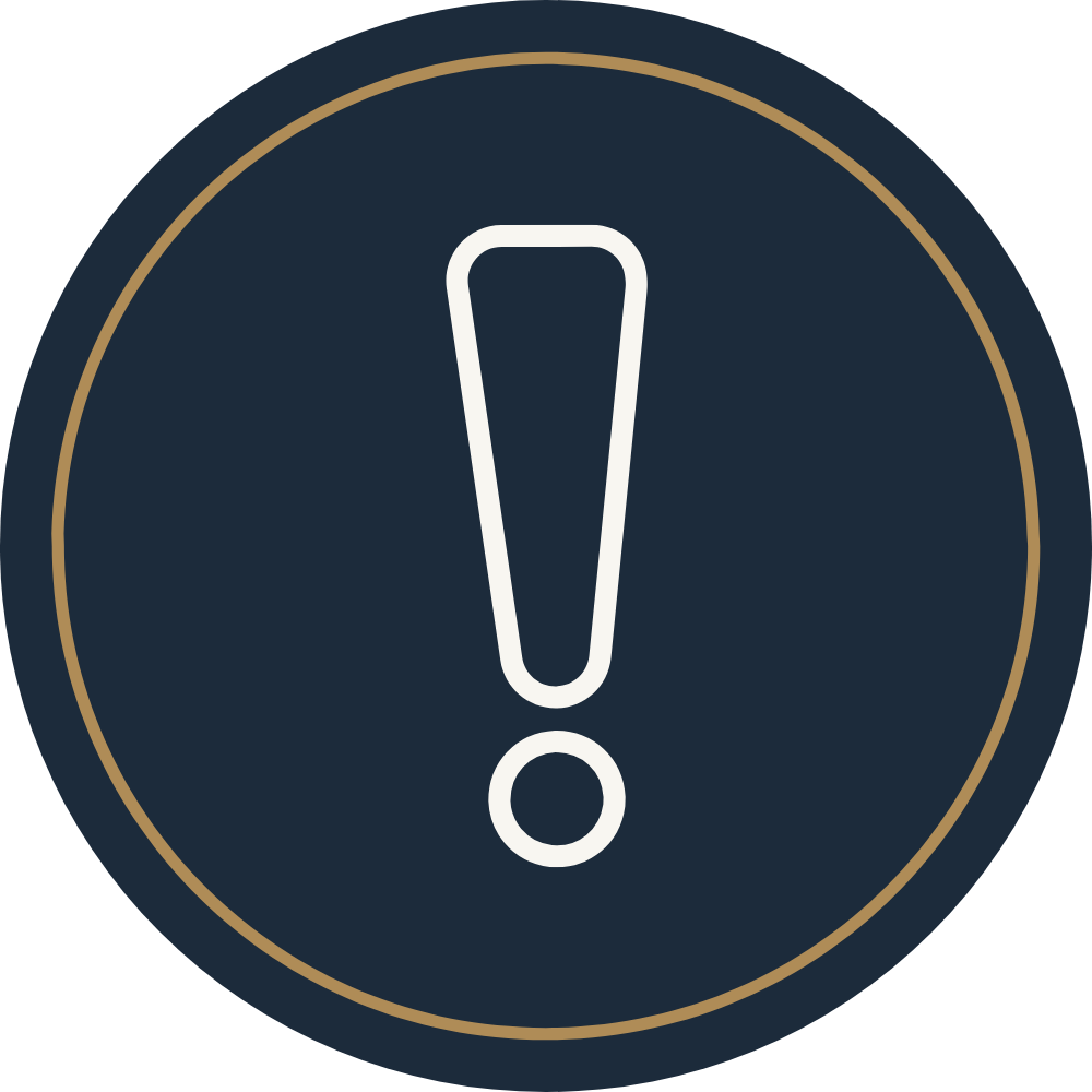 Warning icon with a large white exclamation mark inside a dark blue circle with a thin gold border.