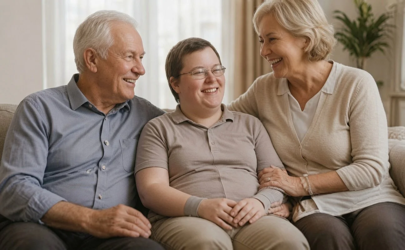 A happy young man with glasses sitting between an elderly man and woman, all smiling and looking at each other in a cozy living room.
